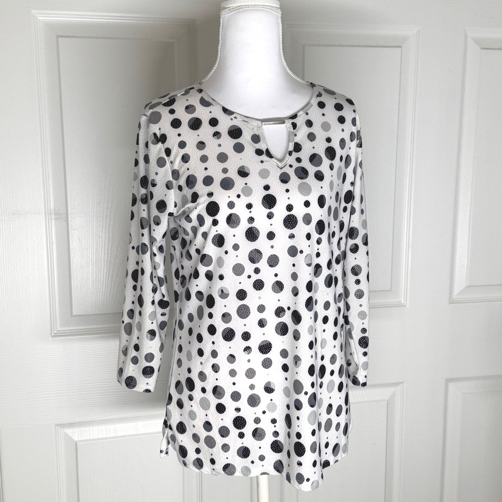Emily Daniels Polka Dot Top Women Small White Black‎ Keyhole 3/4 Sleeve Blouse